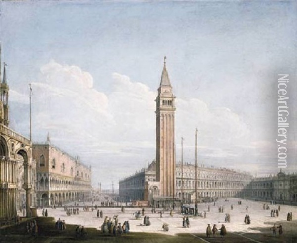 The Piazza San Marco And The Piazzetta, Venice, From The Torre Dell'orologio, With St. Mark's Cathedral, The Doge's Palace,
The Library, The Procuratie Nuove And The Church Of San Geminiano Oil Painting - Antonio Joli
