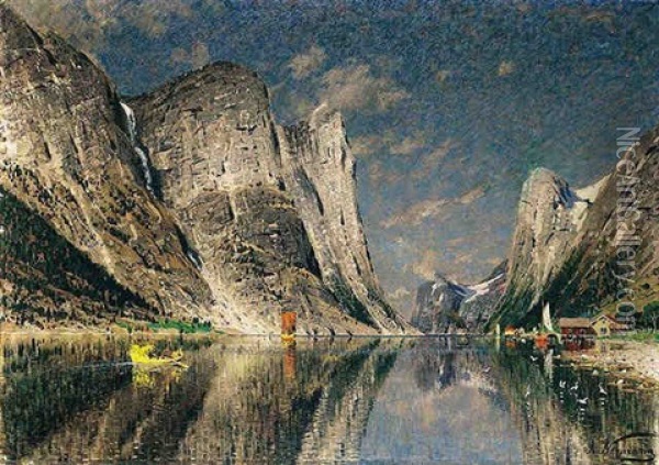 Bater Pa Fjorden (boats On A Fjord) Oil Painting - Adelsteen Normann