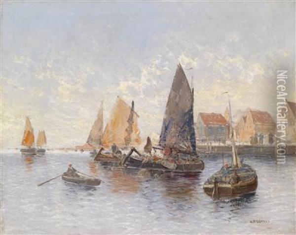 Fishing Boats In The Harbour Oil Painting - Georg Fischof