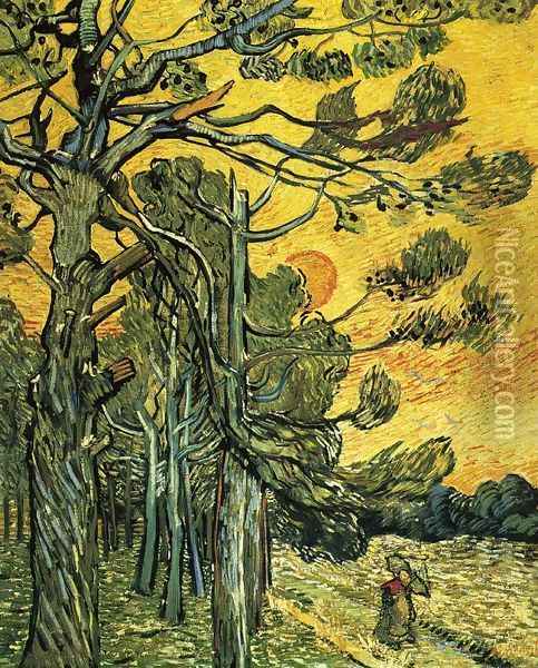 Pine Trees Against A Red Sky With Setting Sun Oil Painting - Vincent Van Gogh