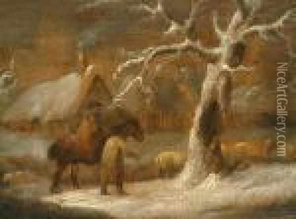 A Winter Landscape With A Figure On Horseback. Oil Painting - George Morland