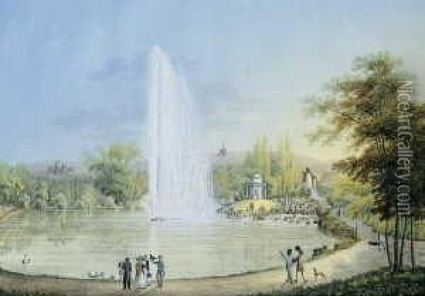 Die Grosse Fontane Im Schlosspark Wilhelmshohe Bei Kassel. Im Hintergrund Die Lowenburg Und Der Herkules. Oil Painting - Johann Heinrich (II) Bleuler: