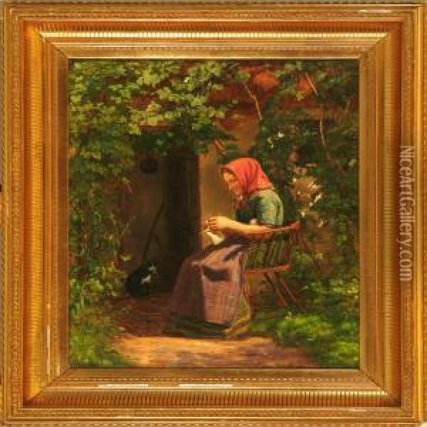 Woman With Her Knitting In A Garden Oil Painting - Johan Didrik Frisch