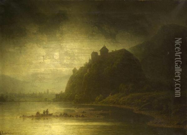 Nachtliche Uferlandschaft Mit Burg. Oil Painting - Wilhelm Lichtenheld