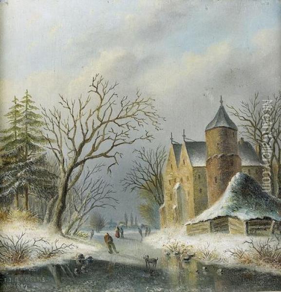 Winterliches Eisvergnugen. Oil Painting - Gerardus Goossens
