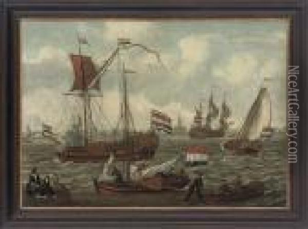 A Dutch Man-o'war Signalling Its Departure With Other Shipping In Choppy Seas Oil Painting - Abraham Storck