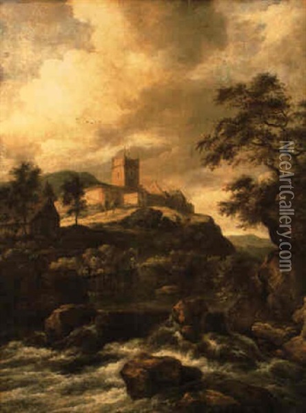 A Waterfall With Blenheim Castle Beyond Oil Painting - Jacob Van Ruisdael