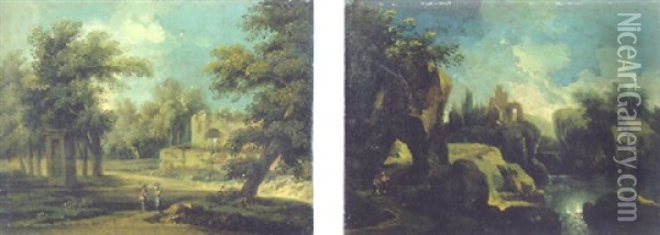 Paesaggio Lacustre Con Un Arco Naturale E Due Viandanti Oil Painting - Marco Ricci