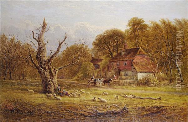 Sheep Andfigures Beneath A Dead Treee In A Landscape Oil Painting - C. Law Coppard