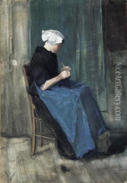 Young Scheveningen Woman, Knitting: Facing Right Oil Painting - Vincent Van Gogh
