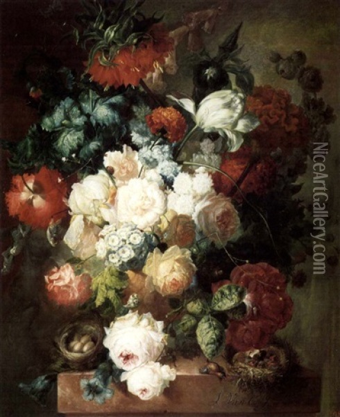 Still Life Of Flowers With Bird Nests On A Marble Ledge Oil Painting - Jan van Os