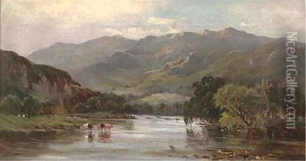 Cattle watering in a mountainous landscape Oil Painting - Sidney Richard Percy