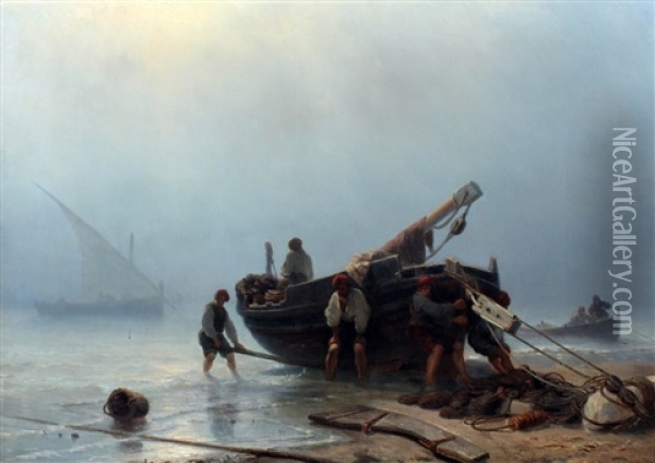 Een Vissersboot Op Het Strand Oil Painting - Johan Hendrik Meyer