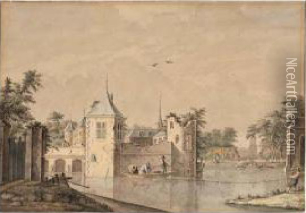 A Castle With A Partly Ruined Tower, Surrounded By A Moat With Fishermen Hauling In Their Nets, A Church And Town Beyond Oil Painting - Theodor (Dirk) Verrijk
