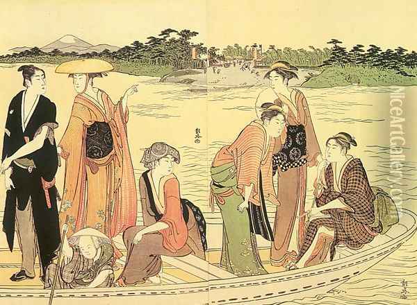 Ferry Across the Rokugo River (central and right-hand sheets of a triptych) 1754 Oil Painting - Torii Kiyonaga