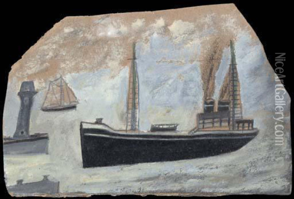 Fishing Boat, Sailing Boat And Lighthouse Oil Painting - Alfred Wallis