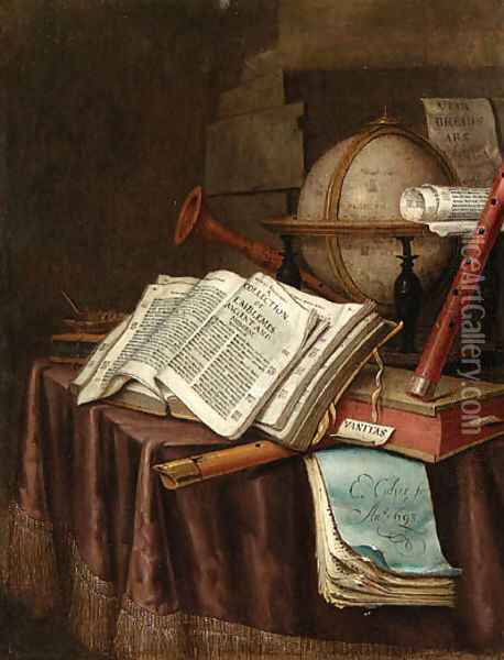 A Vanitas still life with a globe, musical instruments, a score and an emblem book on a draped table before a column Oil Painting - Edwaert Collier
