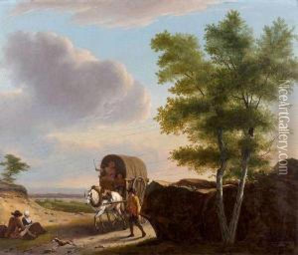 Paysans Dans Une Carriole Passant Devant Des Manants Oil Painting - Frans Swagers