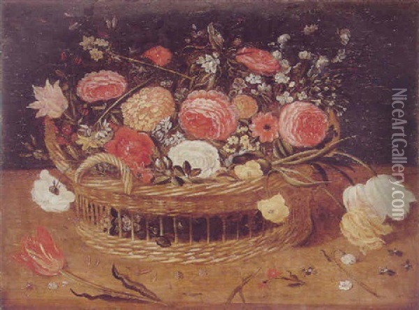 Still Life Of Roses, Variegated Tulips And Other Flowers In A Basket Oil Painting - Jan Brueghel the Elder
