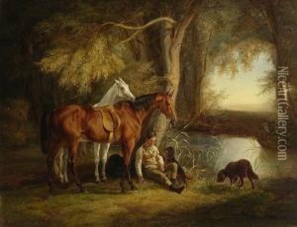 Groom Mit Zwei Pferden Oil Painting - Julius I Adam
