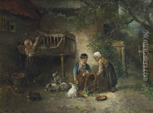 Feeding The Rabbits Oil Painting - Mari ten Kate