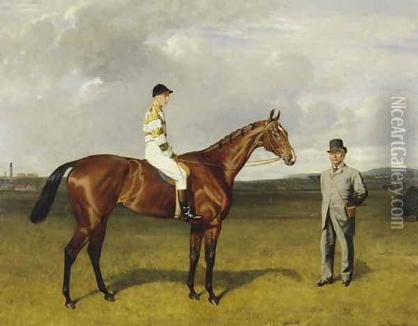 'Mimi' with Rickaby up with her Trainer, Mr Matthew Dawson, 1891 Oil Painting - Emil Adam