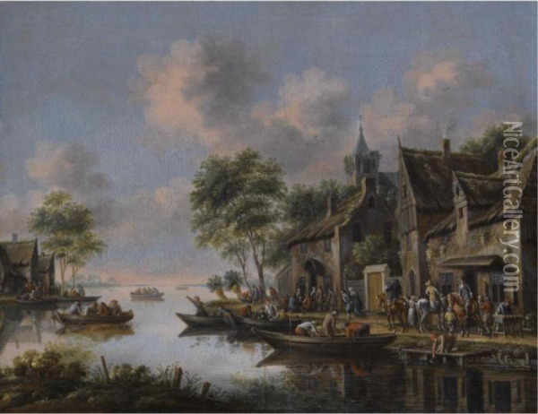 A River Landscape With Villagers Unloading Their Boats Oil Painting - Thomas Heeremans