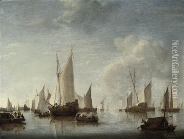 An Official Party Boarding A States Yacht At Anchor In A Harbor, With Another States Yacht, Other Vessels And A Port City Beyond Oil Painting - Jan Van De Cappelle