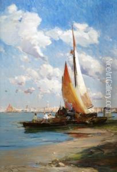 Fishing Craft With The Riva Degli Schiavoni, Venice Beyond Oil Painting - Edward Aubrey Hunt