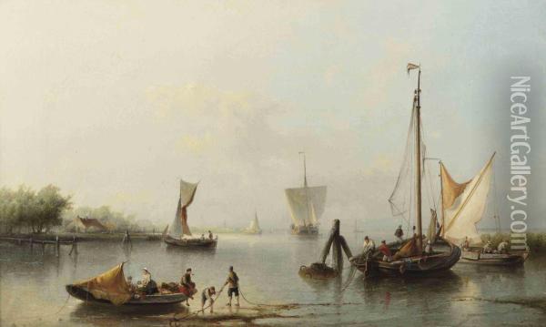 Fishing Boats Near The Shore Oil Painting - Nicolaas Riegen