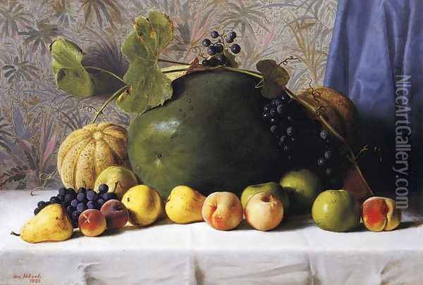 Watermelon, Cantaloupes, Grapes and Apples Oil Painting - George Hetzel