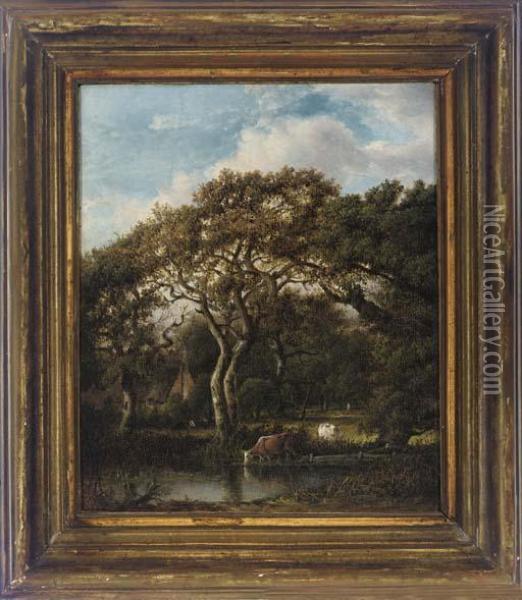 Cattle Grazing In A Woodland, A Farmhouse Beyond Oil Painting - Patrick, Peter Nasmyth