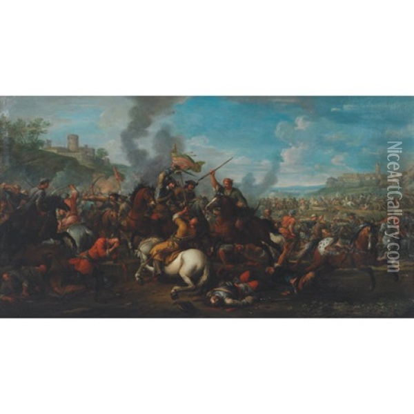 Cavalry Skirmish In An Extensive Landscape (prince Eugene De Savoy's Cavalry Battling The Turks?) Oil Painting - Jan van Huchtenburg