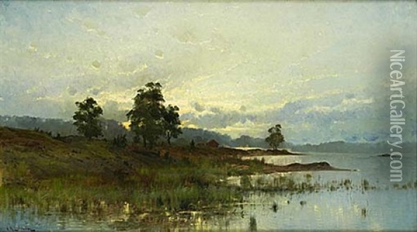 Insjolandskap I Solnedgang Oil Painting - Arvid Mauritz Lindstroem