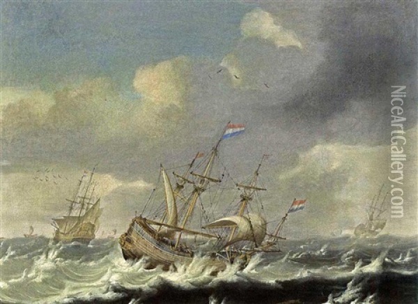 A Small Cargoship And Men-o-war In Stormy Waters Oil Painting - Jacob Van Der Croos