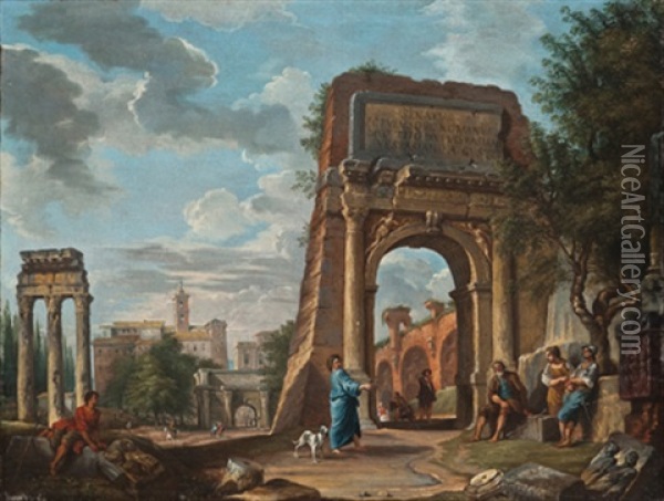 Das Forum Romanum Mit Dem Titusbogen, Figuren Und Dem Kapitol Im Hintergrund Oil Painting - Giovanni Paolo Panini