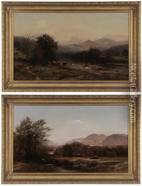 A Pair Of Berkshire Haying Scenes: Hay Harvesters In A Valley Oil Painting - Arthur Parton