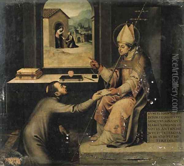 Saint Ignatius of Loyola giving a disciple a letter to take to the Madonna Oil Painting - Vicente Juan (Juan de Juanes) Macip