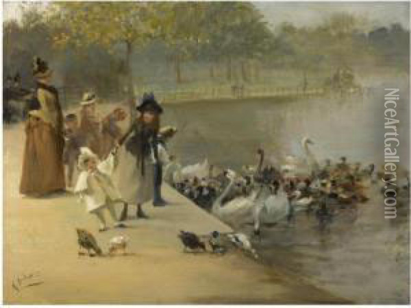 Feeding The Birds, Hyde Park Oil Painting - Albert Ludovici