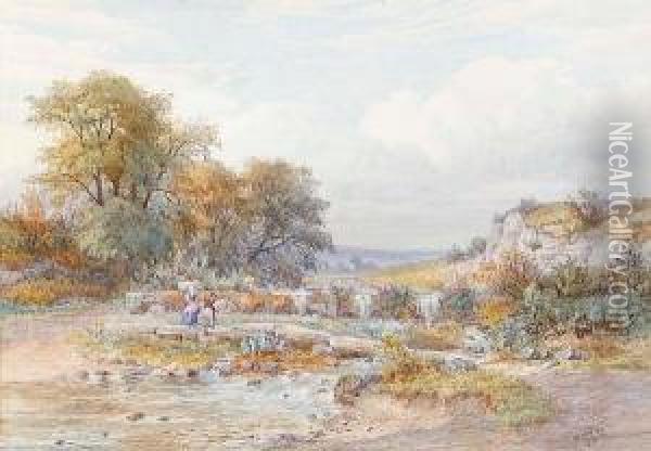 Figures Carrying Straw Across A Stream Oil Painting - William Wilde