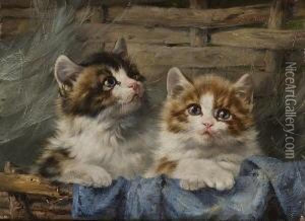 Zwei Katzchen Im Korb. Oil Painting - Julius Adam