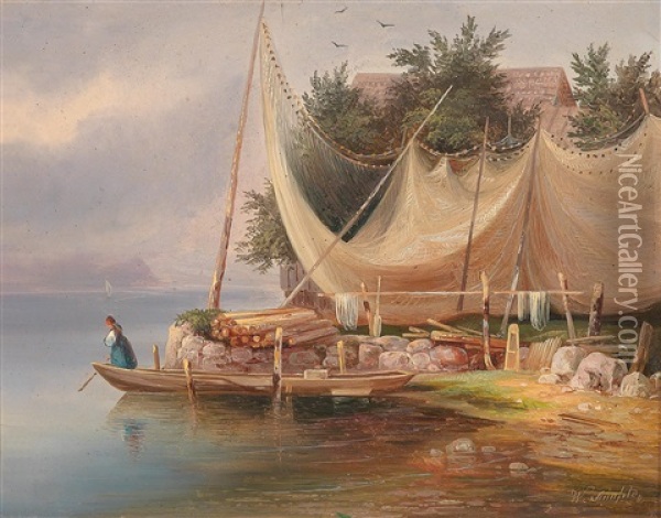 Fishing Hut By The Lake Oil Painting - Wilhelm Steinfeld