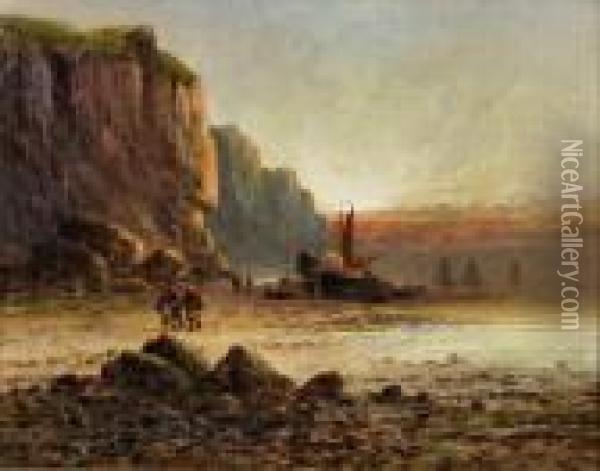 Beach Scene With Moored Fishing Boats Oil Painting - Frank Hider