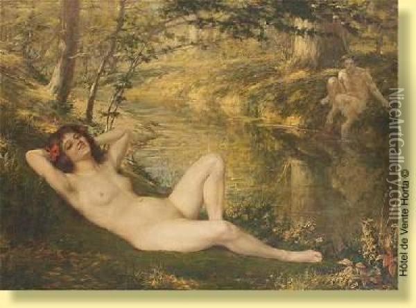 La Rieuse Et Le Satyre Oil Painting - Auguste Leveque