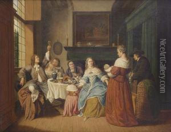 An Elegant Company Eating And Drinking In An Interior Oil Painting - Jan Jozef, the Younger Horemans