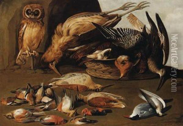 An Owl On A Perch With Dead Birds In A Landscape Oil Painting - Adriaen Geurtsz. Boogaert