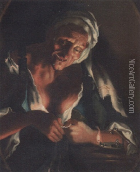 An Old Woman By Lamplight Oil Painting - Jacob Jordaens