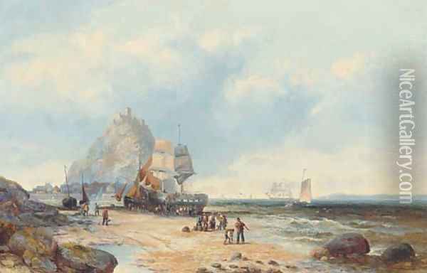 Fishermen on a beach below St. Michael's Mount Oil Painting - William A. Thornley or Thornbery