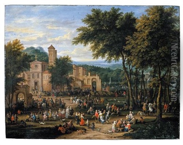 Landscape With A Village Festival, With Numerous Figures Dancing And Feasting Near A Church, A River Beyond (collab. W/adriaen Frans Boudewijns) Oil Painting - Pieter Bout