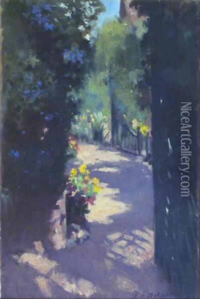 A Sunlit Garden Path Oil Painting - Patrick William Adam